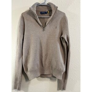 Polo Ralph Lauren Men Mesh Knit Cotton Quarter Zip Sweater Brown Heather Medium